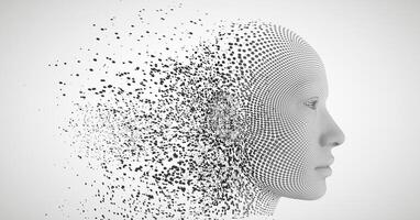 Mensch Kopf dispergieren und zerfallen in Partikel. 3d Illustration von Verschmelzung zwischen Mensch und künstlich Intelligenz. vektor