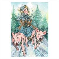 Aquarell Illustration basierend auf das Fee Geschichte Morosko mit ein Dorf Mädchen auf ein Schlitten gezogen durch Schweine. zum das Design und Dekoration von Neu Jahr und Weihnachten Poster, Postkarten, Verpackung, Abdeckungen. vektor