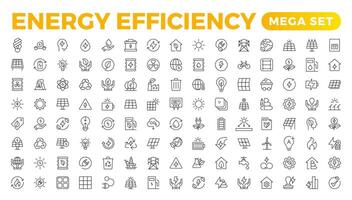 Energie Effizienz Symbol Satz. Taschenrechner, Energie sparen Licht Birne, Schweinchen Bank, Solar- Tafel, kreisförmig Wirtschaft, Batterie, Zuhause Isolierung, Energie Klasse Illustration vektor