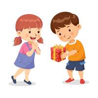 glücklich lächelnd Mädchen wann Junge geben ein Geschenk. geben Geschenk zum Geburtstag, Weihnachten, Neu Jahr und Feste vektor
