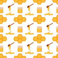 nahtlos Muster mit Bienenwabe geometrisch sechseckig, Honig Krug und Schöpflöffel Löffel auf Weiß Hintergrund. einfach Gekritzel Design. eben Illustration. vektor