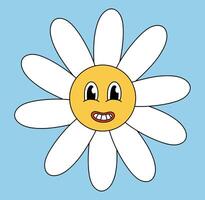 retro 70s 60s 80s hippie häftig söt daisy blomma. tand leende ansikte. kamomill blomma kraft element. illustration isolerat på blå bakgrund. vektor
