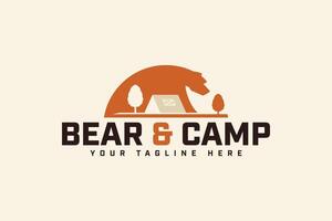 Björn och camping tält logotyp design för vilda djur och växter och äventyr vektor