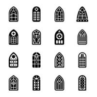 samling av moské och kapell fönster glyf ikoner vektor