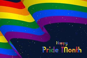 stor strömmande 3d regnbåge stolthet flagga med en geometrisk och färgrik Lycklig stolthet månad hälsning. spray av polka prickar i de Färg av de HBTQ flagga. vektor