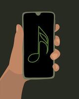 Illustration von Musik- online. Telefon im Hand mit ein Hinweis auf das Bildschirm. Hör mal zu zu Musik. Musik- Programm. vektor