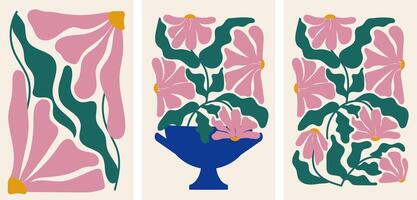einstellen von abstrakt Blumen- Illustrationen.trendy botanisch Mauer Kunst.modern Poster und Hintergrund im modisch naiv retro Hippie Stil retro 60er Jahre 70er. vektor