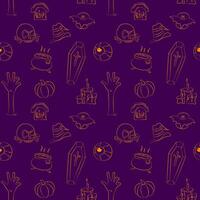 nahtlos Muster mit Halloween Linie Symbole auf violett Hintergrund vektor