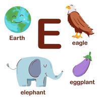 Vorschule Englisch Alphabet. e Brief. Erde, Adler, Elefant, Aubergine. Alphabet Design im ein bunt Stil. lehrreich Poster zum Kinder. abspielen und lernen. vektor