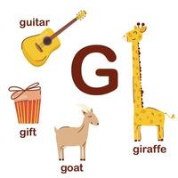 Vorschule Englisch Alphabet. G Brief. Gitarre, Geschenk, Ziege, Giraffe. Alphabet Design im ein bunt Stil. lehrreich Poster zum Kinder. abspielen und lernen. vektor