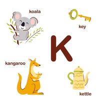 Vorschule Englisch Alphabet. k Brief. Koala, Känguru, Wasserkocher, Taste. Alphabet Design im ein bunt Stil. lehrreich Poster zum Kinder. abspielen und lernen. vektor