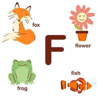 Vorschule Englisch Alphabet. f Brief. Fuchs, Frosch, Blume, Fisch. Alphabet Design im ein bunt Stil. lehrreich Poster zum Kinder. abspielen und lernen. vektor