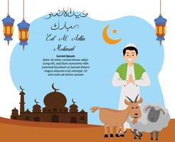 Muslim Mann Gruß glücklich eid al adha Feier mit Illustration von Ziege und Schaf Opfer vektor