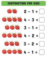 mathematisch Spiel mit Tomaten zum Kindergarten und Vorschulkinder. Subtraktion Spiel. Illustration. druckbar Blatt vektor