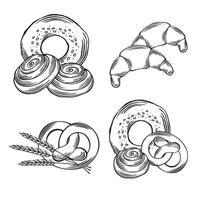 Brot Bäckerei Produkte Satz. Grafik Illustration, isoliert. Bäckerei Produkte Satz. Grafik Illustration, isoliert. Croissant und Zimt Brötchen, Brezel und Bagel mit Sesam. skizzieren von vektor