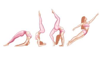 sportlich Mädchen Illustration, Yoga Posen. Frauen trainieren Yoga. Sport, Fitness und Gymnastik. Hand gezeichnet Kunst Arbeit isoliert auf Weiß Hintergrund vektor