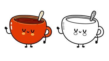 komisch süß glücklich Tasse von Kaffee Zeichen bündeln Satz. Hand gezeichnet Karikatur kawaii Charakter Illustration Symbol. süß Tasse von Kaffee. Gliederung Karikatur Illustration zum Färbung Buch vektor
