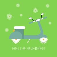 Hallo Sommer- Banner Illustration, kreativ Motorrad mit Gänseblümchen geformt Räder. vektor