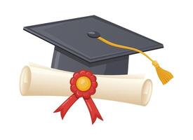 grau Abschluss Deckel mit Quaste und Diplom scrollen. traditionell Abschluss Zeremonie Symbole Zertifikat mit Band und akademisch Hut. vektor