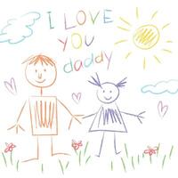 Kinder- Zeichnung zum Vaters Tag. Papa und Tochter, Sonne, Wolken und Blumen im ein naiv Stil. Illustration vektor