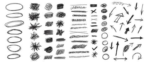 hand dragen samling penna, penna, träkol enkel element. klotter uppsättning annorlunda oval, rader, pilar, slingor och former i grunge stil. vektor
