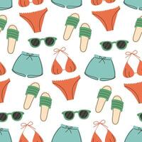 Sommer- Hand gezeichnet Muster mit Badeanzug, Brille, Shorts, Flip Flops, nahtlos Muster zum Stoff, Textil, Verpackung Papier, Abdeckung, Banner vektor