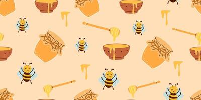 Honig im ein Glas Krug, Karikatur Biene, Bienenwabe, Blumen und fließend Honig auf ein hölzern Kelle isoliert auf ein Gelb Hintergrund. nahtlos Muster. eben Illustration. vektor