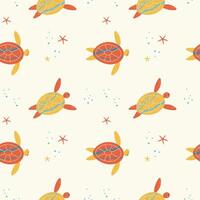 Schildkröten im das Wasser Hand gezeichnet nahtlos Muster. Illustration zum Welt Meer Schildkröte Tag wiederholen Hintergrund Banner. Meer Tiere unter Wasser Leben im Karikatur Stil zum Textil, Karte, drucken, Papier vektor