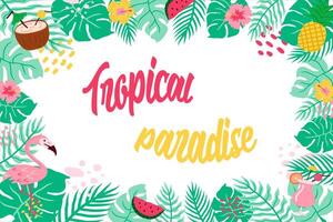 ljus tropisk bakgrund. sommar djungel illustration med blommor, flamingo, cocktails, palms löv. sommar fest inbjudan, baner, försäljning affisch vektor