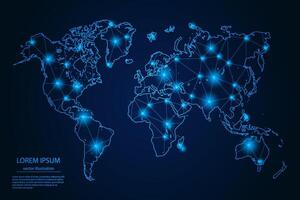 abstrakt bild värld Karta - med blå glöd prickar och rader på mörk lutning bakgrund, 3d maska polygon nätverk förbindelse. vektor