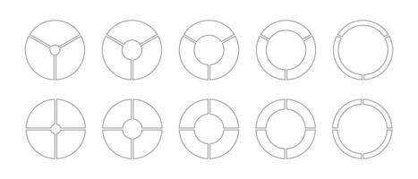 hjul runda dividerat, tre, fyra sektioner. översikt munk diagram, pajer segmenterad på 3, 4 likvärdig delar. diagram infographic uppsättning. cirkel sektion Graf. paj Diagram enkel ikoner. geometrisk grafisk element vektor