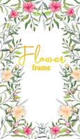 blommig buskig ram, romantisk årgång stil. gul och rosa blommor med leafs på vit bakgrund. design för din text, hälsning vektor