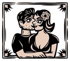 Brasilianer Schnur Stil. Mann und Frau umarmen. Liebe Konzept. Nordost- Holzschnitt Stil vektor