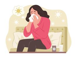 sjuk kvinna blåser henne näsa in i näsduk för feber begrepp illustration vektor