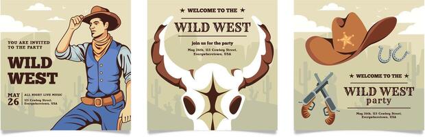 Sammlung von wild Westen Cowboy Party Plakate. wild Westen Cowboy Party Ankündigung mit Beschriftung im Western Stil. Cowboy, Kuh Schädel, Sheriff Hut, Pistolen und Pferd Schuhe. eben Illustration. vektor
