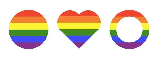 regnbåge flagga. Gay stolthet ramar. framsteg logotyp symboler. HBTQ cirkel ikoner. uppsättning av klistermärken i regnbåge färger. runda, hjärta bricka, knapp. mall design. vektor