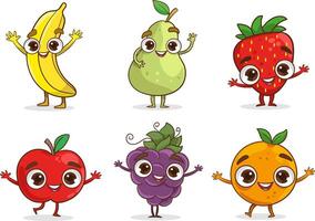 frukt tecknad serie tecken. körsbär jordgubb banan rolig maskot med Lycklig leende ansikte, händer och fötter. underbar sommar illustration. frukt saftig klistermärke packa. vektor