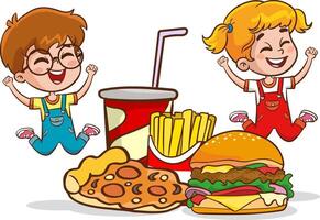 stor måltider och ungar. söt liten barn är Lycklig till äta snabb mat. rolig tecknad serie karaktär. illustration. isolerat på vit bakgrund vektor