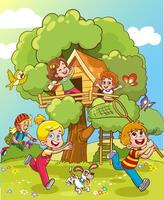 illustration av barn spelar i träd hus. vektor