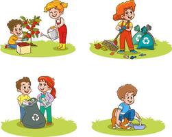 einstellen von süß Kinder Freiwillige. speichern Erde. Abfall Recycling. Mädchen gepflanzt und Bewässerung jung Bäume. Kinder Versammlung Müll und Plastik Abfall zum Recycling. vektor