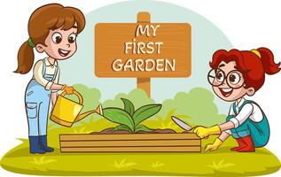 Lycklig söt liten barn är plantering blommor med deras föräldrar.barn är portion deras föräldrar med trädgårdsarbete vektor