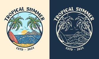 strand logotyp med kokos träd och hav. perfekt för sommar, semester, äventyr och Mer. vektor