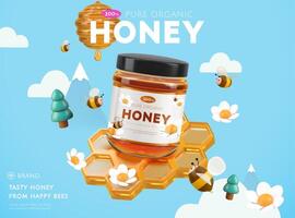 Süss Honig Anzeige Vorlage, golden Bienenwabe mit süß Bienen und Bäume auf Himmel Blau Hintergrund, 3d Illustration vektor