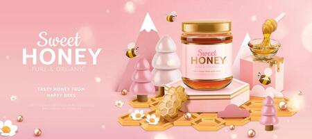 organisk honung ad baner med söt bin och rosa miniatyr- skog scen i tecknad serie design, 3d illustration vektor