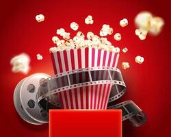 3d Illustration von gestreift Papier Box mit Popcorns Über rot Stand mit ein Kino Spule Über rot Hintergrund vektor