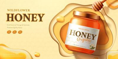 Wildblume Honig Anzeigen mit Sirup und Schöpflöffel auf Beige Hintergrund im 3d Illustration, eben legen vektor
