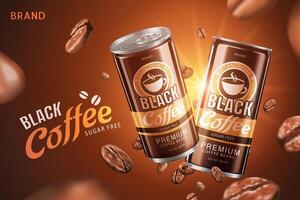socker fri svart kaffe promo design i 3d illustration med rostad kaffe bönor flygande på brun bakgrund vektor