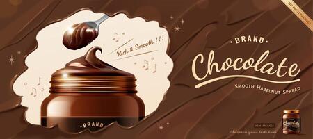 kreativ choklad spridning ad i 3d illustration, mörk choklad textur bakgrund med lyx burk mock-up vektor