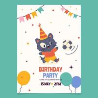 Geburtstag Party Einladung mit Karikatur Charakter Katze Fußball Spieler vektor