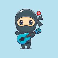 söt ninja spelar gitarr tecknad serie illustration vektor